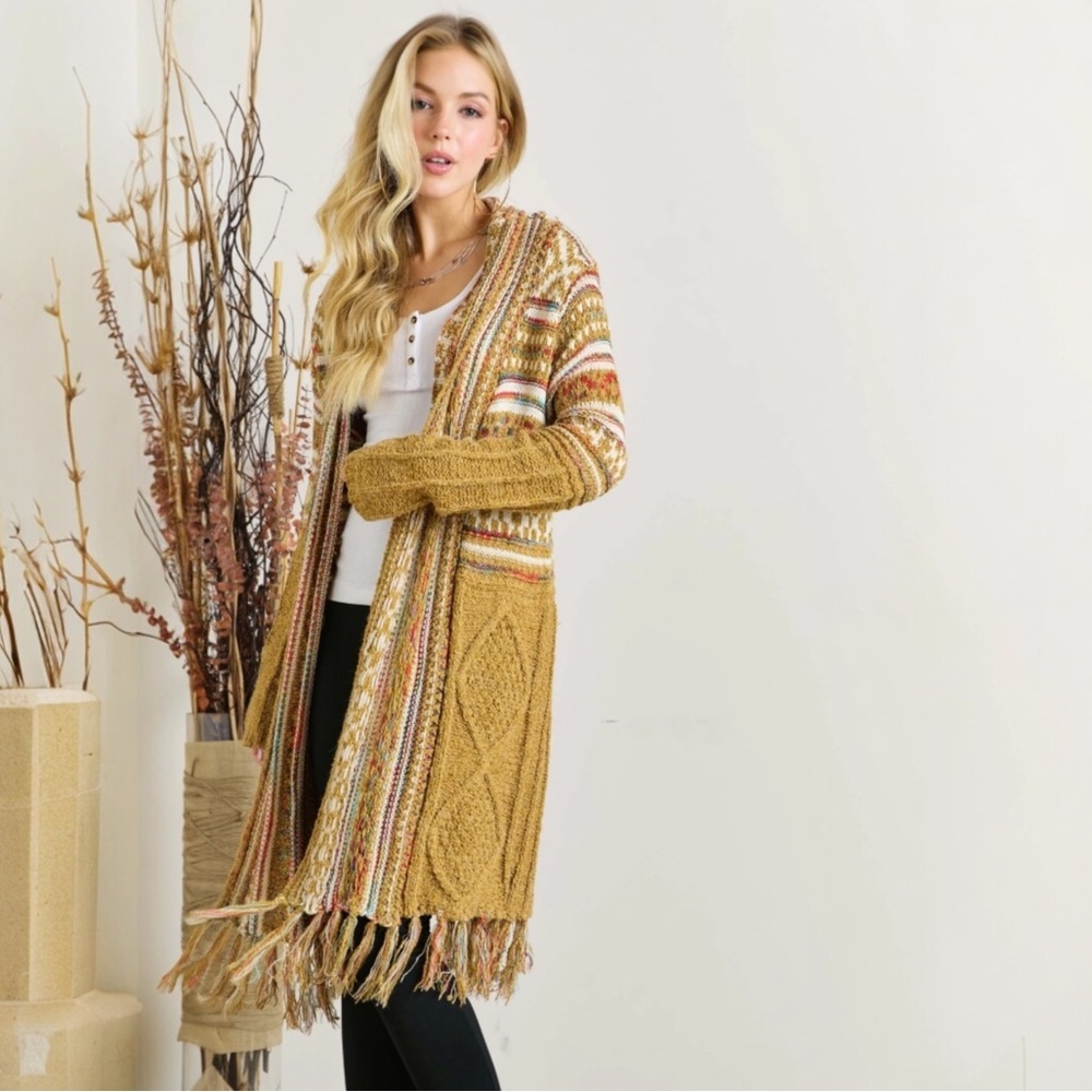 Bohemian Longline Knit Cardigan With Fringe Tassel Hem Southwestern Aztec Print - Picture 11 of 11